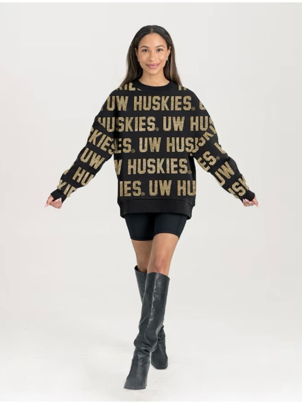 UW Huskies Black & Gold Logo Knit Sweater. Bedazzled